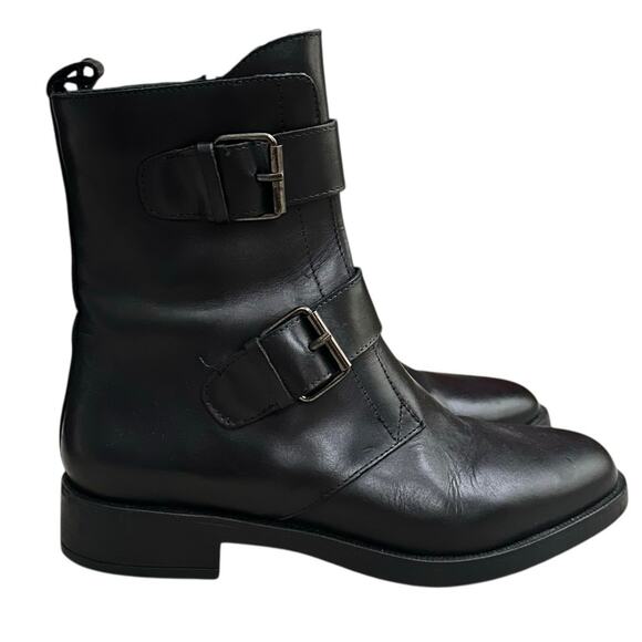 Emmanuele Crasto Black Leather Moto Boots Women 39 / 8.5 Buckle Zip Italy Made - Picture 3 of 9
